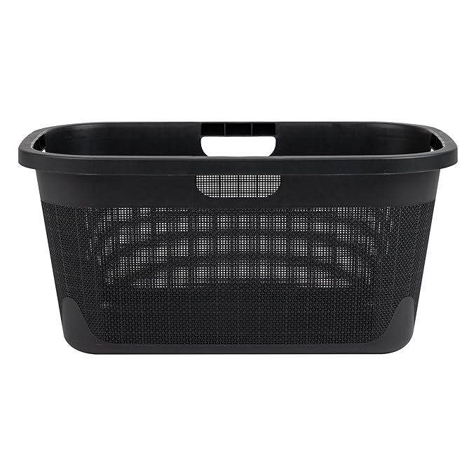 Mind Reader 40L Laundry Basket, Linen Design Clothes Hamper, Plastic Storage Bin with Handles, Black