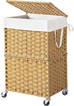 Chrislley 90L Slim Laundry Hamper with Wheels, Rolling Laundry Basket with Lid and Renovable Liner Bag, Handwoven Rattan Organizer for bedroom, bathroom, laundry room (Yellow)