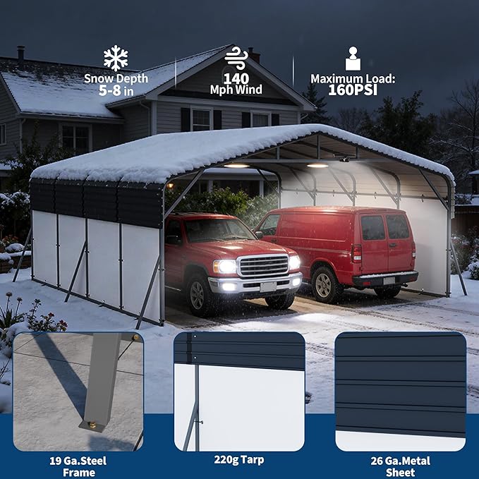 20x20FT Metal Carport w/Led Light,Outdoor Portable Car Garage,Removable PE Sidewalls,Reinforced Base & Galvanized Steel Roof, Outdoor Car Port Canopy Shelter for Boats, Full-Sized Pickup Trucks
