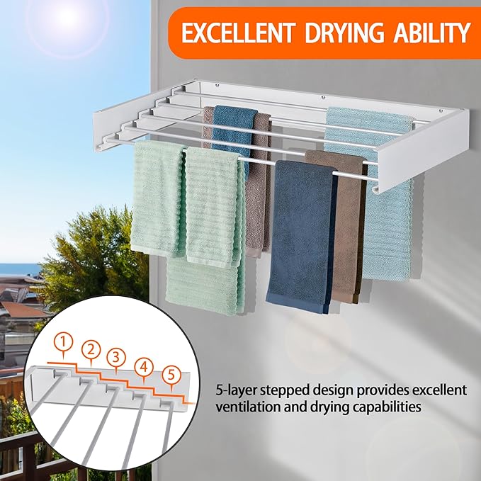 FOCHIER F Laundry Drying Rack Wall Mounted Clothes Drying Rack Collapsible with 5 Aluminum Rods and Drilling Template Long Screwdriver Bit 60 lbs Capacity (White, 40")