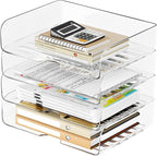 Tomorotec Desk Letter Tray Set, A4 Size Clear PET Stackable Document Organizer Office Desktop File Paper Holder Book Storage Rack Side Load Anti-Skid Stacking Support Convex Bottom (4X Landscape)