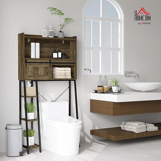 HOMCOM Over the Toilet Storage Cabinet, Freestanding Over Toilet Bathroom Organizer with Sliding Door, 3 Storage Compartments and 4 Open Shelves, Distressed Brown