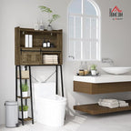 HOMCOM Over the Toilet Storage Cabinet, Freestanding Over Toilet Bathroom Organizer with Sliding Door, 3 Storage Compartments and 4 Open Shelves, Distressed Brown