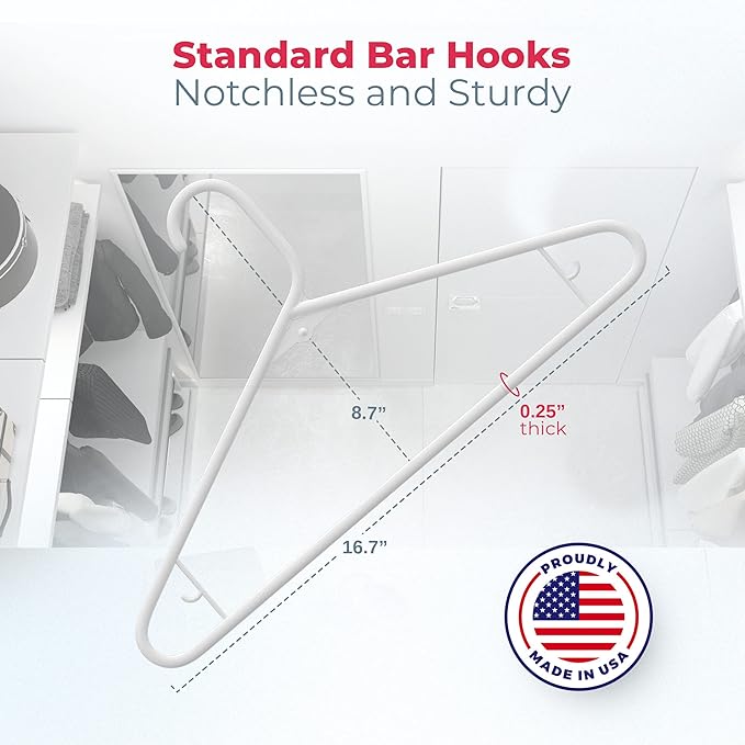 Neaties Plastic Hangers 100+ Pack (150 Count) – Made in The USA – 6lb Capacity Standard Clothes Hangers with Strap Hooks for Dresses, Lingerie, Shirts, Pants, and Jackets – White & Blue