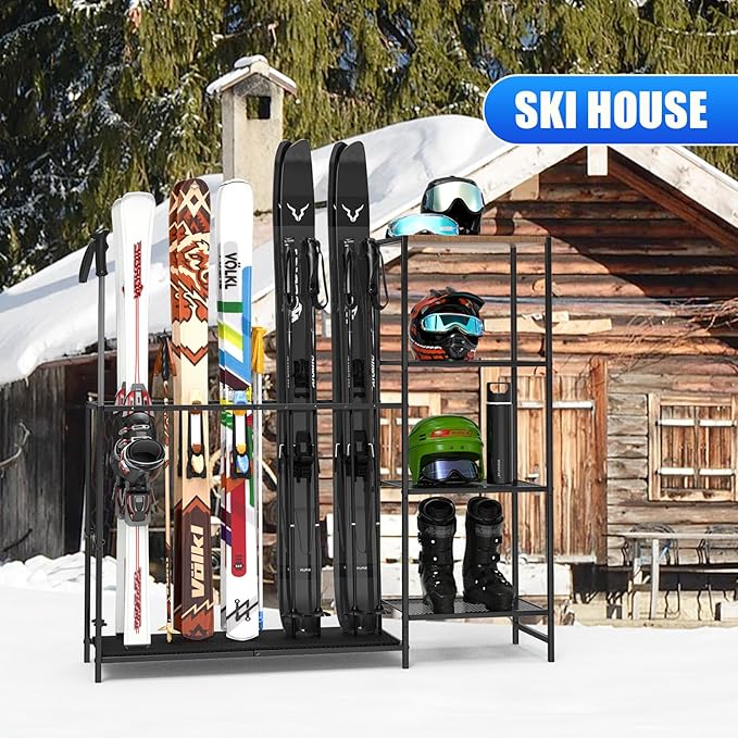 Freestanding Ski Rack, Ski Storage Rack w/Width-Adjustable Bars, Ski & Snowboard Rack Organizer for Garage, Home