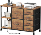 6 Drawer File Cabinet with Charging Station Rolling Printer Stand with Open Storage Shelf Fabric Lateral Filing Cabinet for Home Office,Rustic Brown2