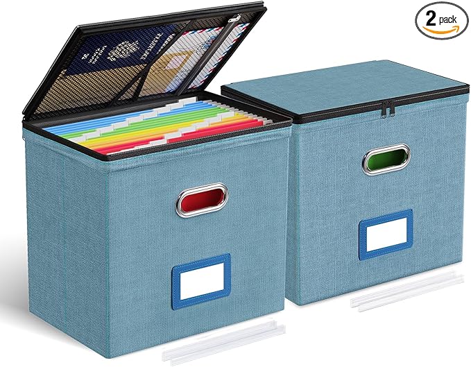 Oterri File Organizer Boxes with Lids, File Box with Mesh Pockets, Document Organizer Box for Letter Size Folders, Zippers Important Document Organizer (Denim, Small-2 Pack Without Folders)