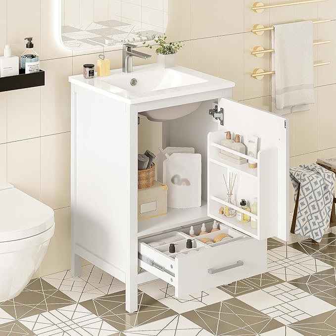 20" Small Bathroom Vanity with Sink, Soft-Close Drawer and Door, Wood Modern Single Bathroom Sink Cabinet with Doors and Shelves, Adjustable Foot Pads, for Small Space (White)