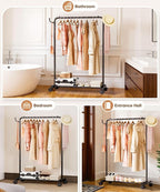 Homde Rolling Clothes Rack with Hooks: Standing Garment Storage for Indoor - Hanging Rod for Bedroom Laundry Room - Coat Dress Organizer on Wheels with luggage shelf (Black, 32")