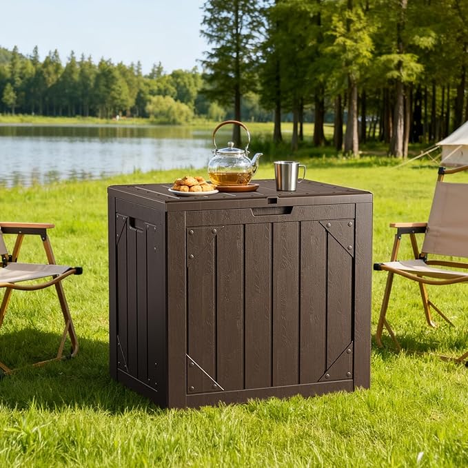 Outdoor Storage Box - 31 Gallon Waterproof Resin Deck Box, Lockable Patio Storage Bench for Package Delivery, Cushions & Garden Tools, UV Resistant (Brown, 31 Gal)