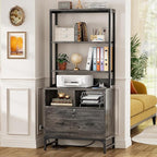 Homieasy Vertical File Cabinet, Bookshelf Filing Cabinet with Charging Station & Lock, Printer Stand Drawer Cabinet for Home Office, Fits Letter/A4/Legal Size, Grey