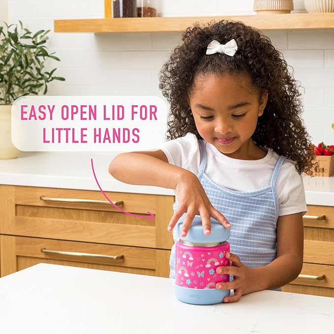 Bentgo Kids Stainless Steel Food Jar - 11oz Leak-Proof Double Insulated Hot or Cold Food Container with Removable Silicone Bumper, Dishwasher Safe, Easy Open Lid, Ages 3+ (Rainbows and Butterflies)