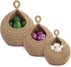 Hanging Storage Baskets Boho Decor Set of 3, Handmade Cotton Rope Wall-Mounted Fruit & Vegetable Baskets, Decorative Hanging Organizers for Kitchen, Entryway, Bathroom & Bedroom
