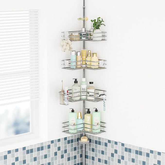 HapiRm Corner Shower Caddy Organizer - Shower Organizer Corner with Soap Holder, Toothbrush Holder and 4 Hooks, Rustproof Bathroom Shelf Tension Pole Available for 27.6 to 108.3 Inch - Silver