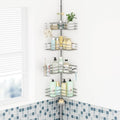 HapiRm Corner Shower Caddy Organizer - Shower Organizer Corner with Soap Holder, Toothbrush Holder and 4 Hooks, Rustproof Bathroom Shelf Tension Pole Available for 27.6 to 108.3 Inch - Silver