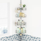 HapiRm Corner Shower Caddy Organizer - Shower Organizer Corner with Soap Holder, Toothbrush Holder and 4 Hooks, Rustproof Bathroom Shelf Tension Pole Available for 27.6 to 108.3 Inch - Silver