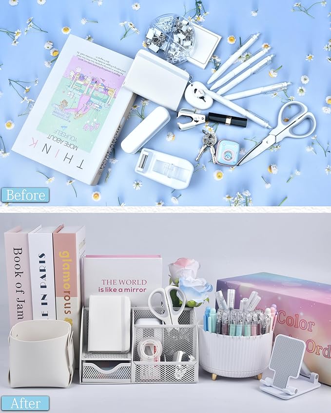 20Pcs White Desk Organizers and Accessories With Mesh Desk Organizer and 360°Rotating Pen Holder and a Lot of Office White Office Supplies Beautifully Presented in a Gift Box