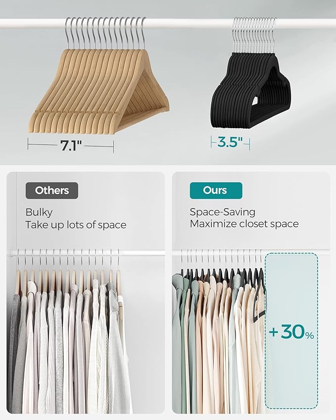 SONGMICS Velvet Hangers 20 Pack, Non-Slip Clothes Hangers with Shoulder Notches, Pants Bar, 360° Swivel Hook, Space-Saving, for Closet, Ink Black UCRF029B02