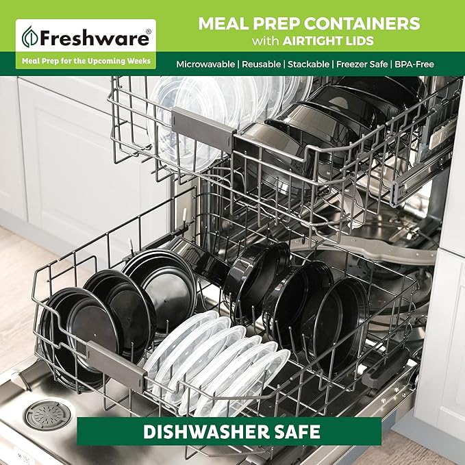 Freshware Meal Prep Containers with lids [150 Pack] Food Storage Containers, Bento Box, BPA-Free, Stackable, Microwave, Dishwasher, Freezer Safe, 32 Oz, Black