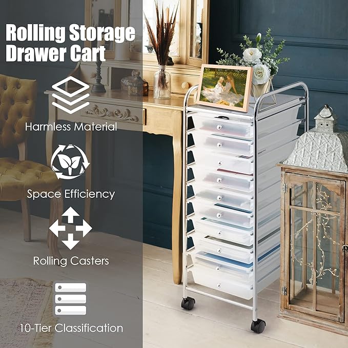 GOFLAME 10-Drawer Rolling Storage Drawer Cart, Utility Cart with Removable Drawers & Metal Frame, Mobile Art Craft Drawer Cart with Lockable Wheels for Home, Office, Studio, School, Clear