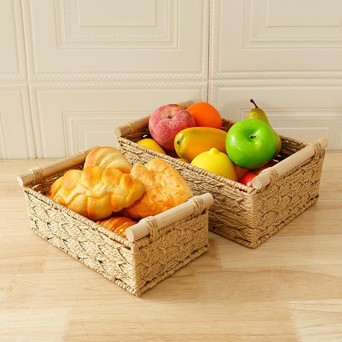 4PCS Toilet Paper Basket Decorative Woven Basket with Wood Handle Multipurpose Toilet Paper Bin for Home Bathroom Living Room Office