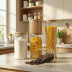 Multi Size - 5 Pack Glass Jars with Bamboo Lids, Glass Pantry Storage Containers with Airtight Lids, Round Air Tigh Food Storage Canisters for Cereal, Pasta, Flour, Sugar, Best for Kitchen Organizer
