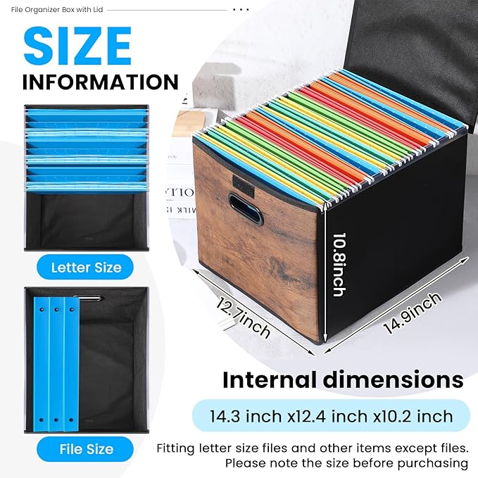 File Organizer Box with Wood Grain Pattern, Hanging Collapsible File Storage Bins with Lid Plastic Slides for School Classroom Office Organizer, Rustic Brown Desk Storage