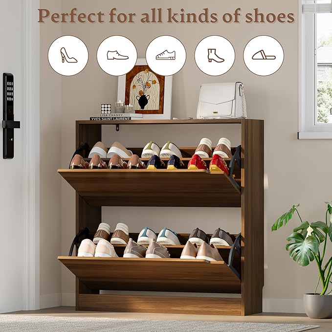Shoe Cabinet with 2 Flip Drawers, Slim Narrow Shoe Storage Cabinet, Freestanding Shoe Organizer with Adjustable & Removable Shelves, Top Display Shelf for Entryway, Hallway, Foyer, Closet