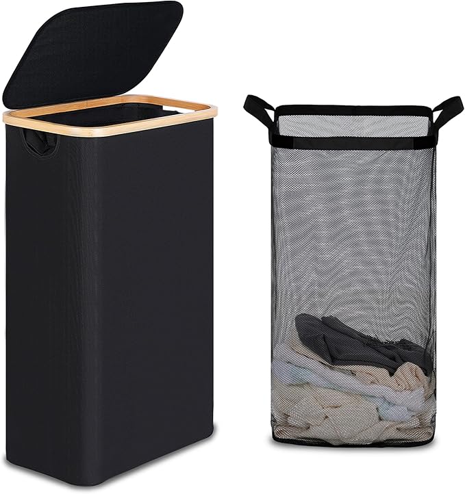 efluky Slim Laundry Basket with Lid, Narrow Laundry Hamper with Removable Bag, Skinny Dirty Clothes Basket with Bamboo Handles for Bathroom, Bedroom & Laundry Room, 90L Black