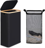 efluky Slim Laundry Basket with Lid, Narrow Laundry Hamper with Removable Bag, Skinny Dirty Clothes Basket with Bamboo Handles for Bathroom, Bedroom & Laundry Room, 90L Black