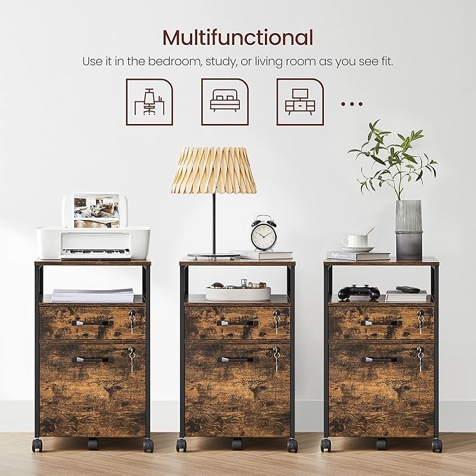VASAGLE File Cabinet, Mobile Filing Cabinet on Wheels, for Home Office, 2 Lockable Drawers, for A4, Letter-Size Hanging File Folders, Open Shelf, Steel Frame, Rustic Brown and Ink Black UOFC077B01