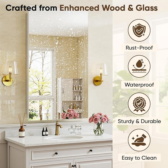 Antok 16x25 Inch Medicine Cabinet with Mirror, Wall Mounted Bathroom Mirror Cabinet, Wooden Medicine Cabinet Mirror, Recessed or Surface, White