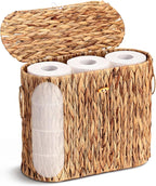 Large Wicker Toilet Paper Storage Basket with Lid Slim Woven Toilet Paper Storage Holder for Bathroom Holder up to 9-12 Mega Rolls Water Hyacinth Rattan Organizer for Kitchen Home Decor