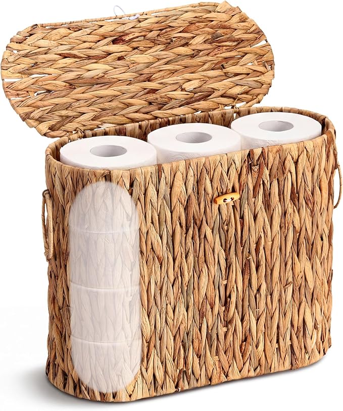 Large Wicker Toilet Paper Storage Basket with Lid Slim Woven Toilet Paper Storage Holder for Bathroom Holder up to 9-12 Mega Rolls Water Hyacinth Rattan Organizer for Kitchen Home Decor