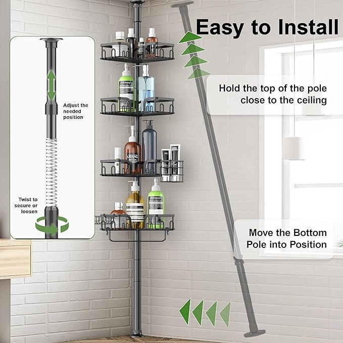 Corner Shower Caddy Tension Pole 4 Tier Adjustable Stainless Steel Shower Shelf for Inside Shower Bathtub Shampoo,Standing Bathroom Organizer Shelves with 39 to 113 inch Height
