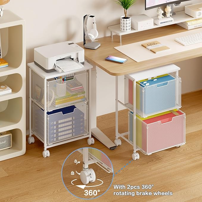 Letter/Legal Rolling File Cabinet, Rolling File Cart with 2 Drawers Filing Cabinet for Home Office, Hanging File Folders Organizer for Under Desk Storage, Mobile Printer Stand, White