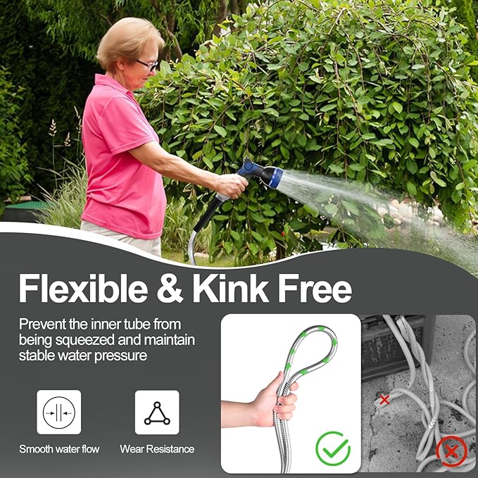 SPECILITE 200ft 304 Stainless Steel Garden Hose Metal, Heavy Duty Water Pipe with Nozzles for Yard, Outdoor - Flexible, Never Kink & Tangle, Puncture Resistant (Sliver)