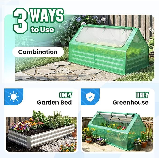Quictent 6x3x1ft Galvanized Raised Garden Bed with Cover Metal Planter Bottomless Box w/ 2 Large Screen Windows Mini Greenhouse 20pcs T-Tags 1 Pair Gloves Outdoor Growing Vegetables (Green)