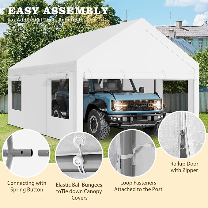 Nuturelly 10x20 FT Carport,Heavy Duty Carport Canopy with Roll-up Windows, Portable Garage with Removable Sidewalls & Doors, Car Canopy with All-Season PE Tarp for Car, Truck, Boat(White)