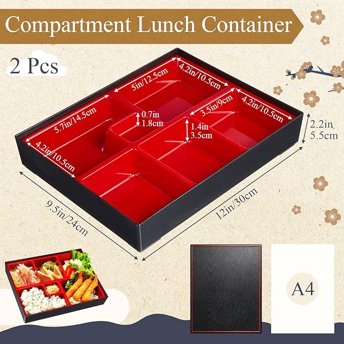 2 Pcs 12 x 9.5 x 2.2 Inch Japanese Lunch Box 6 Compartments Divided Bento Box with Greaseproof Adult Japanese Bento Lunch Container Sushi Home Restaurant