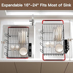 Over the Sink Expandable Dish Drainer Drying Rack In Stainless Steel for Small Kitchen, Counter Space Saving Modern Compact Metal Above Plate Dryer Strainer, Adjustable Hanging Inside Drain Holder