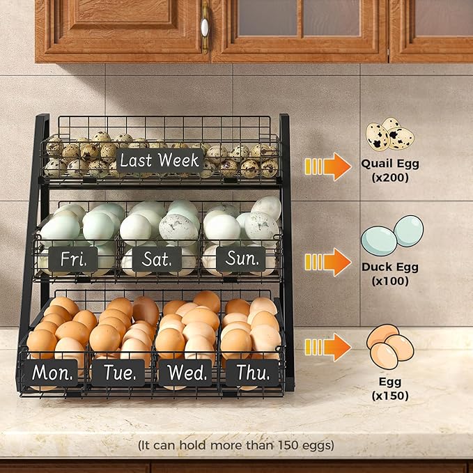 Upgraded Egg Holder Countertop with Removable 5 Dividers & Date Plate, 3 Tier Pull Out Large Egg Basket for Gathering Fresh Eggs, Kitchen Organizer, The Size - 6.7“x16.6”x11.3"