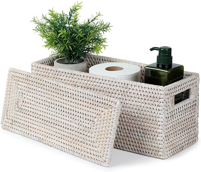 YANGQIHOME Toilet Paper Basket, Rattan Toilet Tank Basket for Bathroom, Wicker Baskets with Lid for Storage, Whitewash