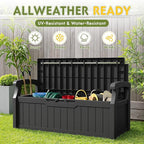 Greesum 80 Gallon Deck Box Storage Bench, Patio Furniture, Lockable, Waterproof and UV Resistant,with Armrest, Suitable for Garden, Porch, Poolside, Dark Black