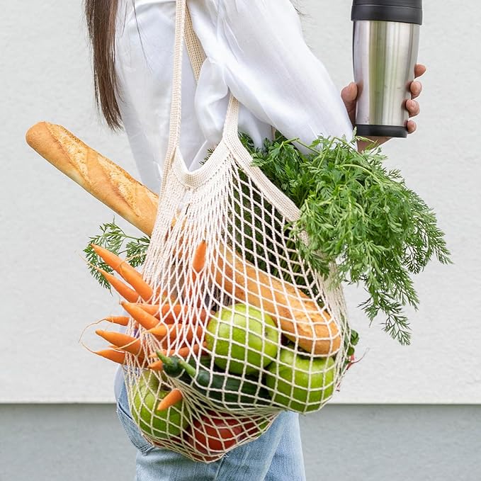 2 PCS Cotton Mesh Grocery Bags, Reusable Mesh Produce Net Bags, Long Handle String Shopping Tote Bag for Fruit Veggie Food Storage