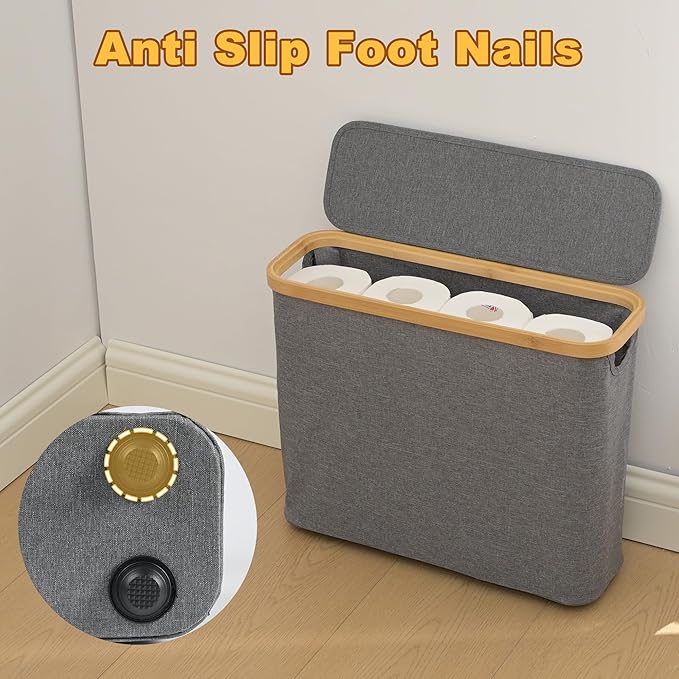 Grey Toilet Paper Storage Basket with Lid for 12 Roll, Standing Sturdy and Foldable Toilet Tissue Holder for Bathroom, Spacious Toilet Paper Storage for Papers, Sundries, Toys