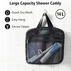 F-color Mesh Shower Caddy Portable with Zipper -Dorm Room Essentials for Guys Girls with S Hook, Shower Bag Basket Tote for College Camping Toiletry Bathroom, Black