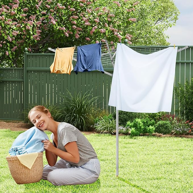 Outdoor Umbrella Drying Rack, 4-Aluminum Arms Folding Rotary Dryer with 12 Lines 165 ft Drying Space Adjustable Height Clothesline w/Waterproof Cover & Ground Spike for Garden Backyard(Grey)