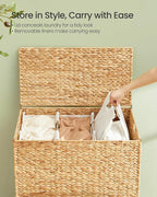SONGMICS Laundry Hamper 3 Sections, 47.5 Gal. (180 L) Handwoven Water Hyacinth Wicker Laundry Basket with Lid, Natural Material, Removable Machine Washable Liners, Handles, Natural ULCB203Y01