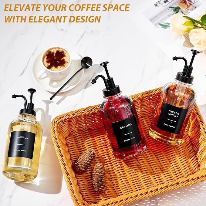 Coffee Syrup Dispenser for Bar, Glass Syrup Bottle with Pump, Coffee Pump Dispenser Bottle with Tray, Spoon for Station,16.9 oz, 500 ml